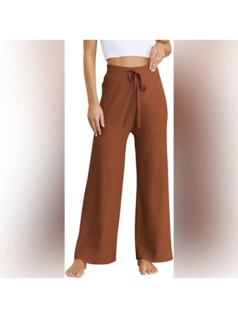 Lillusory Women’s Ribbed Knit Wide Leg Pants - Brown - Size L